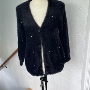 Zara Jet Black Rhinestone Fuzzy Cardigan Sweater‎ V-Neck Knit Size 9/10